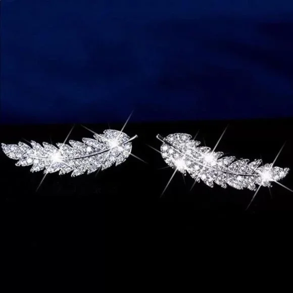 NEW DIAMOND 925 STERLING SILVER LEAF EARRINGS - Picture 4 of 5